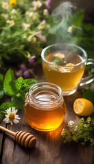 Honey and Herbal tea on wooden background - summer, health and organic food concept