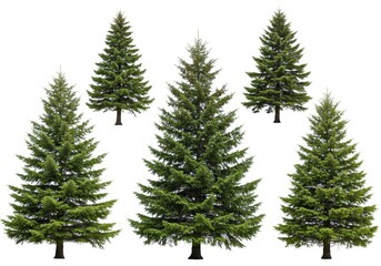 Fototapeta premium Five evergreen trees with green needles and brown trunks on a white background