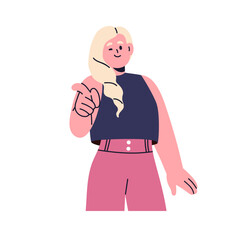 Woman pointing at you with finger. Female smiling and winking, showing friendly hand gesture, wanting, picking, choosing, making choice. Flat vector illustration isolated on white background
