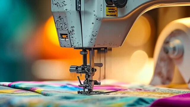 Close-up of a sewing machine needle poised over vibrant fabric