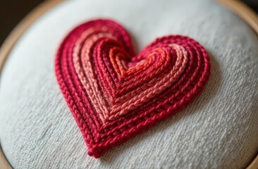 Red heart embroidered on rough linen fabric