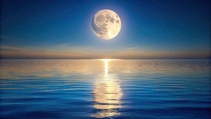 Silvery light of full moon casts gentle glow on waves, water reflection