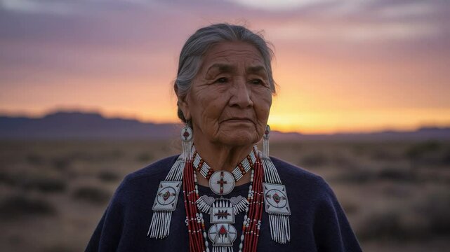 Portrait of a Native American Elderly Woman Adorned in Traditional Tribal Jewelry Against a Mesmerizing Sunset in the Desert Landscape