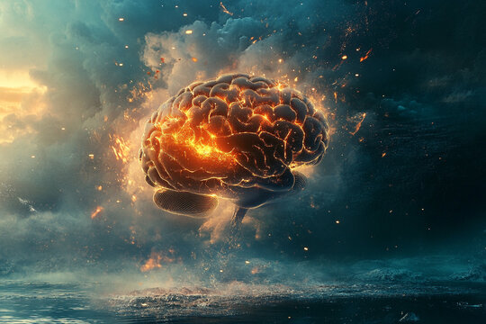 Fiery Brain Exploding Over Dark Waters Intense Mind Power