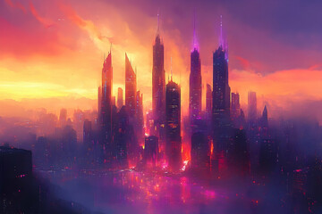 Obraz premium Futuristic cityscape illuminated by vibrant sunset hues.