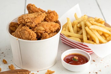 chicken crispy bowl of french fries with ketchup on white background