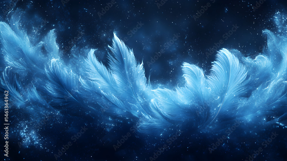 Wall mural feather-like particle pattern in blue and white on a dark textured background