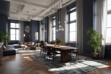 Spacious open-plan living and dining area with hardwood floors, dark walls, and large windows.  Modern, stylish, and bright