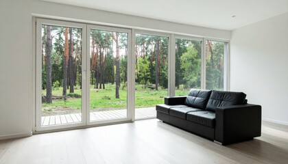 Fototapeta premium Minimalist interior design of modern Living Roomoom, home Black leather sofa in spacious room 