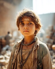 Child Labor and Exploitation. Portrait of a Dusty Young Boy in a Ruined Building