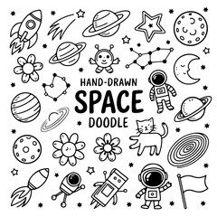 Set of space themed doodle on white background. Hand drawn abstract doodle isolated on white background.