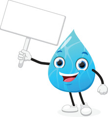 Cute blue water drop cartoon holding blank sign, mascot character
