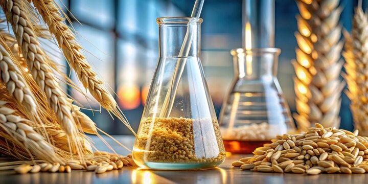 Close-up of bioethanol pouring from beaker into laboratory flask with wheat and barley, detailed lab equipment and ingredients , lab flask, ethanol production
