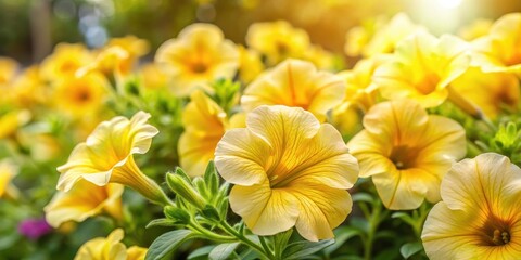 Obraz premium Sunny Yellow Petunias in Garden, yellow flowers, flowers, yellow flowers,flowers, flowers in garden