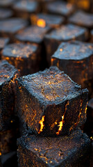 Close-up view of many dark, cubic objects, possibly fuel or metal, with glowing, orange-yellow inner details
