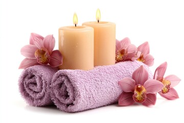 Two candles and rolled towels with orchids.  Soft light, peaceful setting
