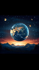 Fototapeta premium Earth suspended in a starry night sky above a serene mountain landscape