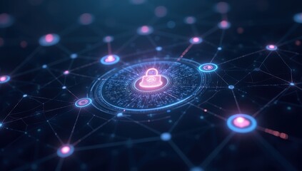 Obraz premium Futuristic digital network core with glowing nodes and connections, data flow visualization, abstract technology background for AI and communication systems