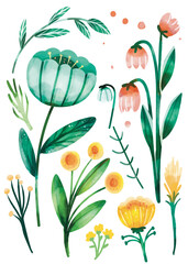 Watercolor set of with blue, yellow and orange watercolor texture flowers, dan leaves. Frame with beautiful flowers. For wedding card, invitation, greeting card