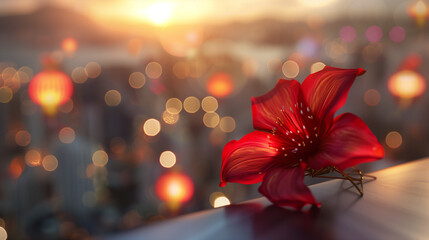 Close-up of a red bauhinia brooch on silk, golden light on petals, festive city backdrop - celebrating Hong Kong's establishment day with elegance.