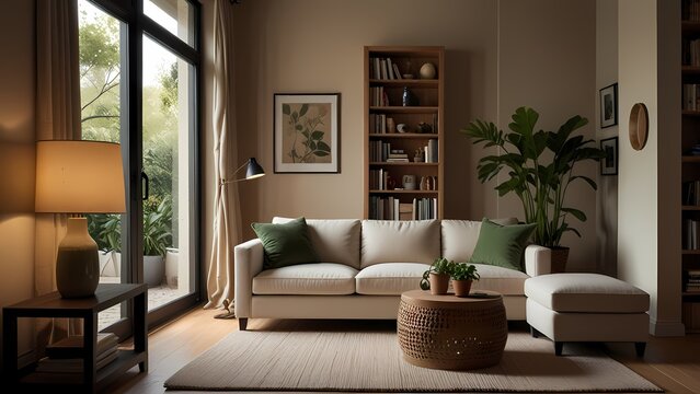 A contemporary living room interior showcases a comfortable sofa and chairs, illuminated by a modern floor lamp in a luxury home design
