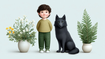 A boy stands next to a black dog and two potted plants