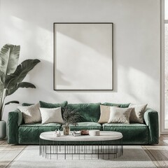 Modern, minimalist living room featuring a blank canvas framed in a neutral setting.  Emerald green couch and a large, oval coffee table, along with a lush, tropical plant