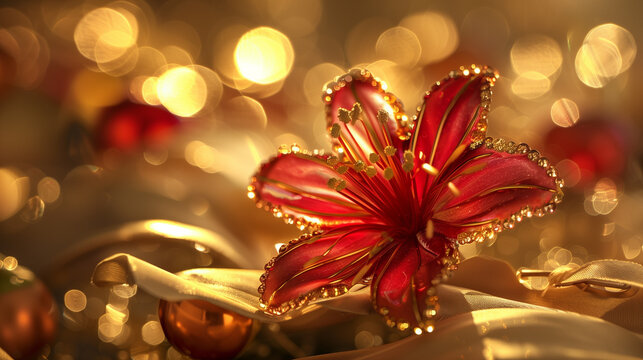 Close-up of a red bauhinia brooch on silk, golden light on petals, festive city backdrop - celebrating Hong Kong's establishment day with elegance.