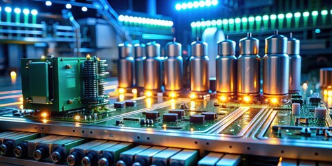 High-tech circuit board with glowing capacitors and resistors on display against a modern background of sleek machinery and wires , wires, high-tech