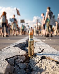 Gun Violence Awareness Bullet on Cracked Pavement During a Protest