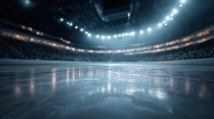 Empty hockey arena with gleaming ice, quiet stands. A moment of calm before the storm.