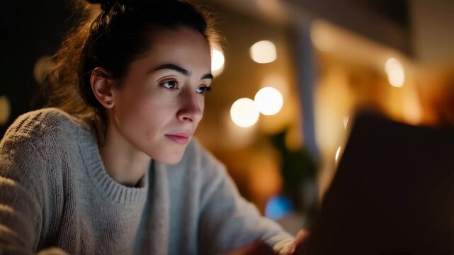 A focused woman works diligently on her laptop late at night, illuminated by soft warm lights, encapsulating determination and the pursuit of goals in a cozy indoor environment.