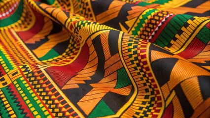 Fotobehang Vibrant fabric featuring intricate geometric patterns in rich colors of green, yellow, red, and black, showcasing traditional design elements. © thanawat