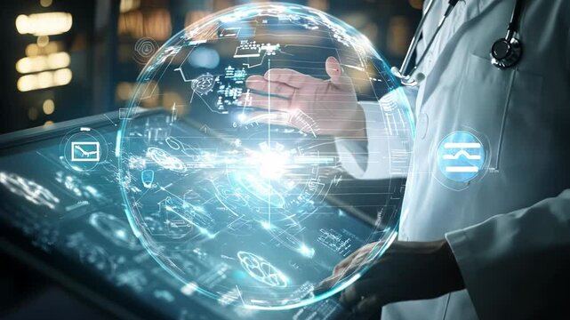 Doctor using futuristic medical diagnostic touchscreen