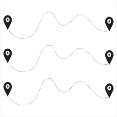Route  location icon set, two points with dotted line path and location pin  black color vector illustration.