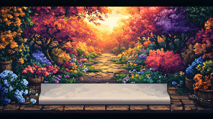 Autumnal path through vibrant flower-filled forest, with empty stage