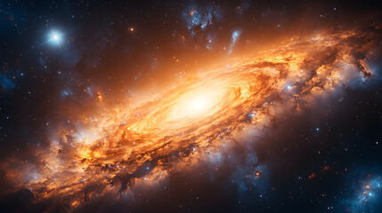 Cosmic swirl of orange and blue gas clouds among bright stars