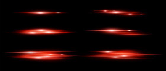 Set of red glowing horizontal light streaks with motion blur effect on black background. Perfect for highlights, overlays, or dynamic transitions in design. Vector illustration.