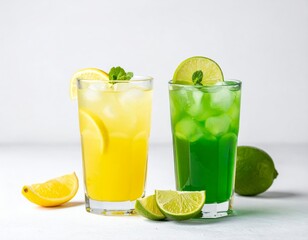 Fototapeta premium Two vibrant cocktails—one yellow, one green—garnished with lemon and lime slices, rest on a clean white surface, radiating freshness and color.