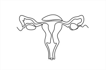 One continuous line drawing of woman uterus. Ovary and womb reproductive system in simple linear style for logo and web banner gynecology medical clinic. Editable stroke. Flourish vector illustration.