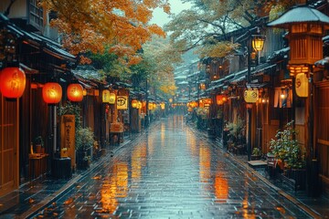 A rain-slicked road in Japan, lanterns aglow on vintage wooden buildings