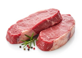 Raw beef steaks with rosemary and peppercorns on white background for cooking