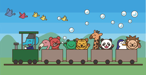 青空の下で動物たちが列車に乗って楽しそうにしているイラスト
