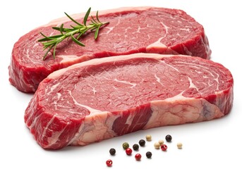 Two raw ribeye steaks with rosemary and peppercorns on white background