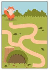 Help the fox find its way through the forest path to reach its den, Maze worksheet full color in theme animals, fox labyrinth activity for kids, maze printable for kindergarten