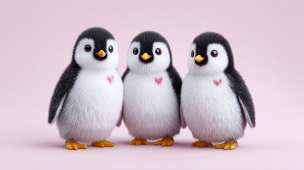 Three penguins standing next to each other with hearts on their chests