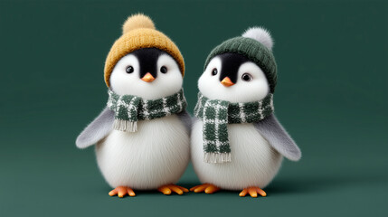 Two penguins wearing hats and scarves are standing next to each other