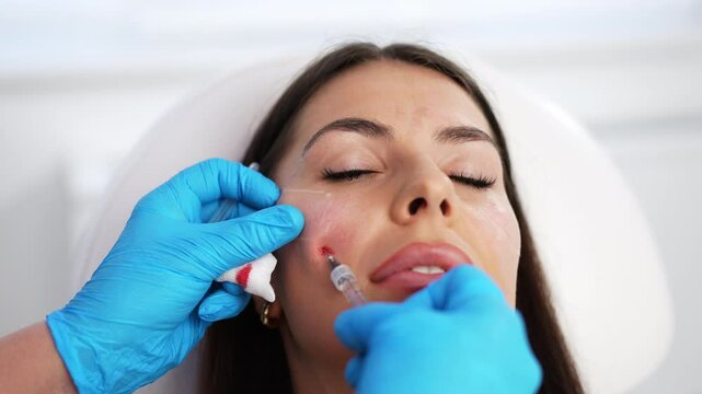 Beautician is contouring the woman's cheekbones with hyaluronic acid filler. Hyaluronic acid filler is injected by needle or cannula. Face contouring concept.