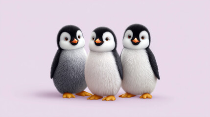 Three penguins standing next to each other on a pink background