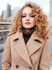 Fototapeta premium Young caucasian female in stylish coat posing outdoors in urban setting